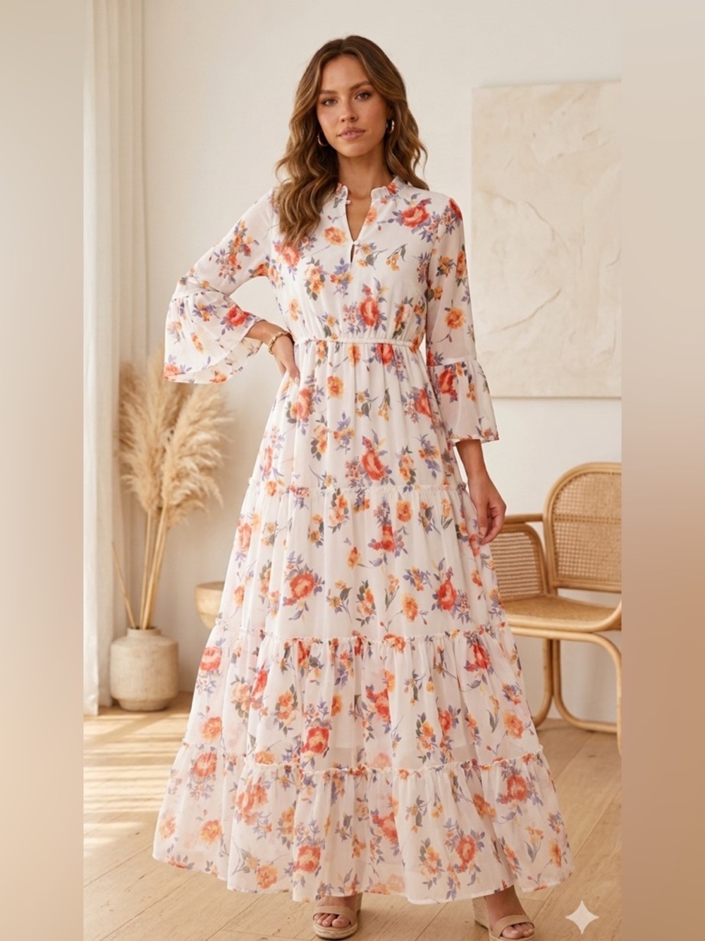 083- Floral Tiered Maxi Dress in Light Lavender with silver accents beautiful